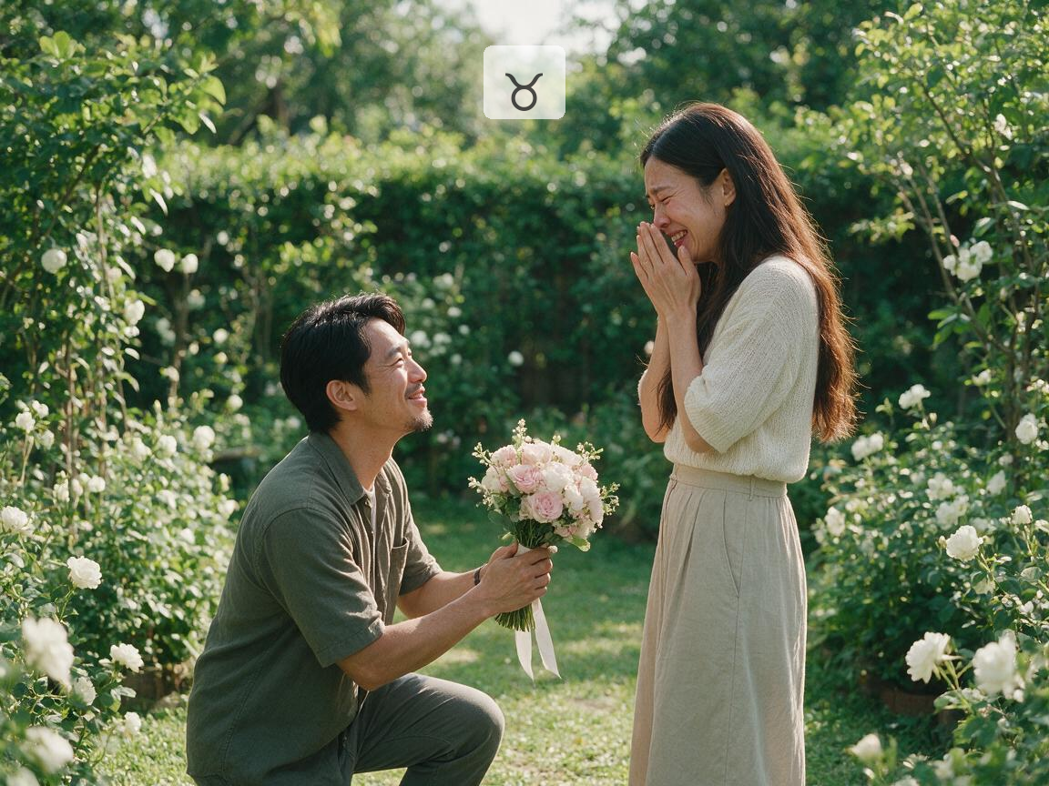 男友在浪漫花園向金牛座女友下跪求婚