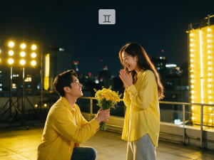 大樓天台上的明亮黃色雙子座求婚佈置
